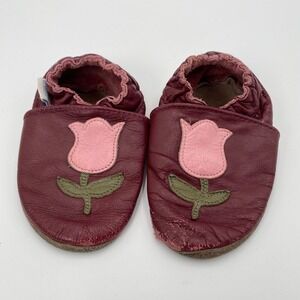 Robeez Burgundy Leather Tulip Baby Moccasins Shoes 12 18 Months Made in Canada